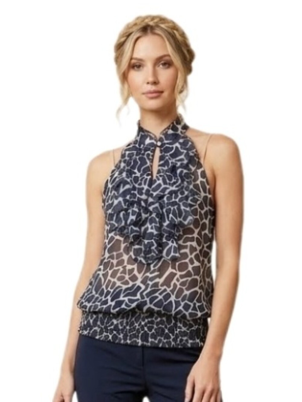 Charlotte Russe Blouse Halter Style Semi Sheer Animal Print Black Size L